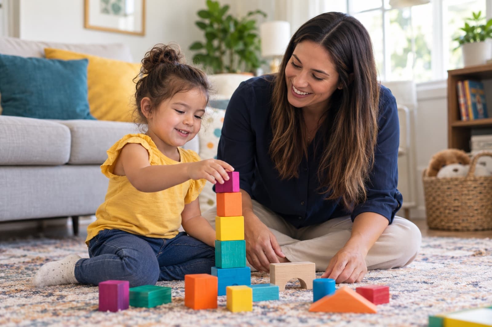 A woman and a young girl stacking colorful wooden blocks together