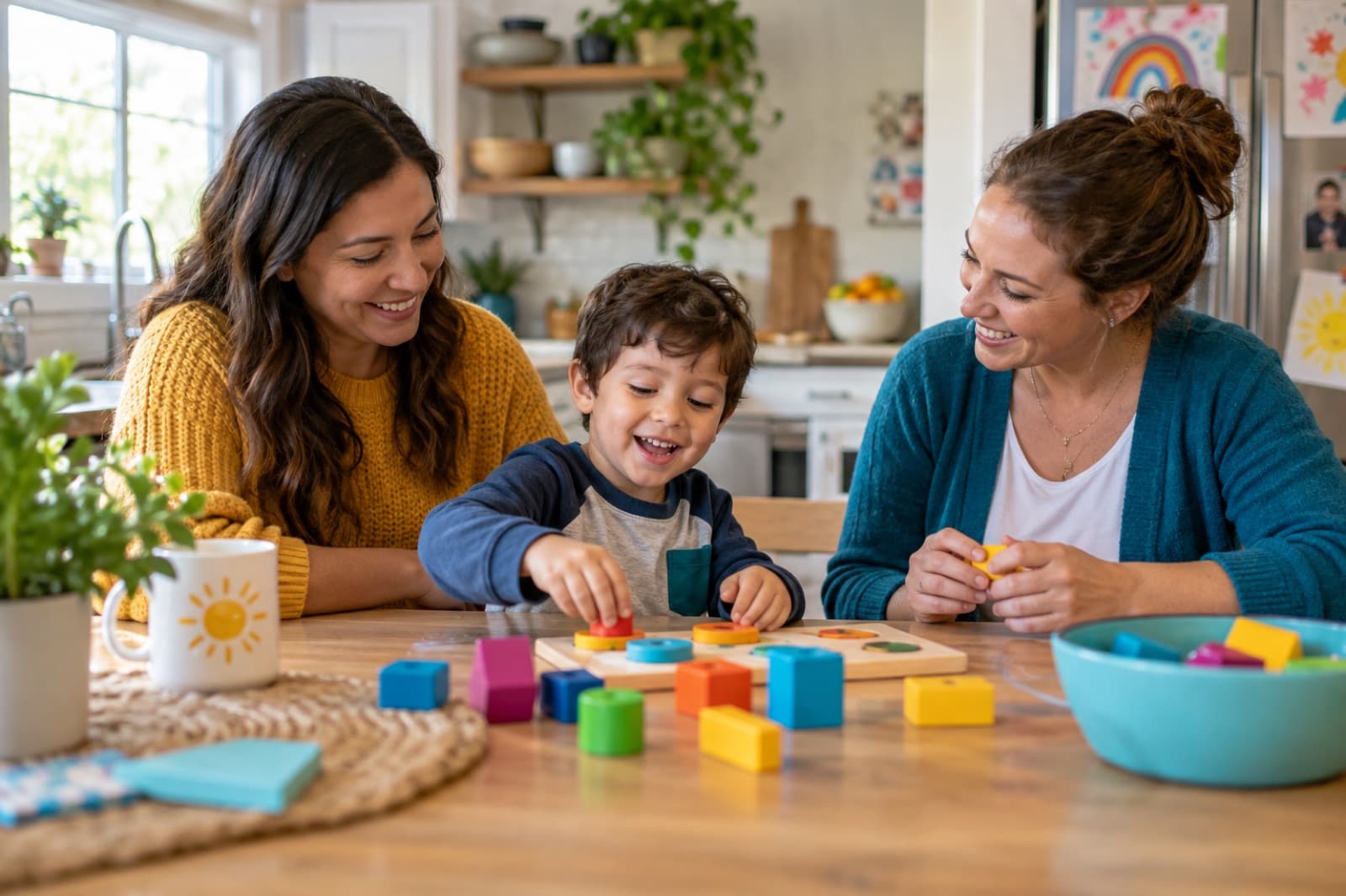 Two women and a young boy working on a colorful shape puzzle at a kitchen table