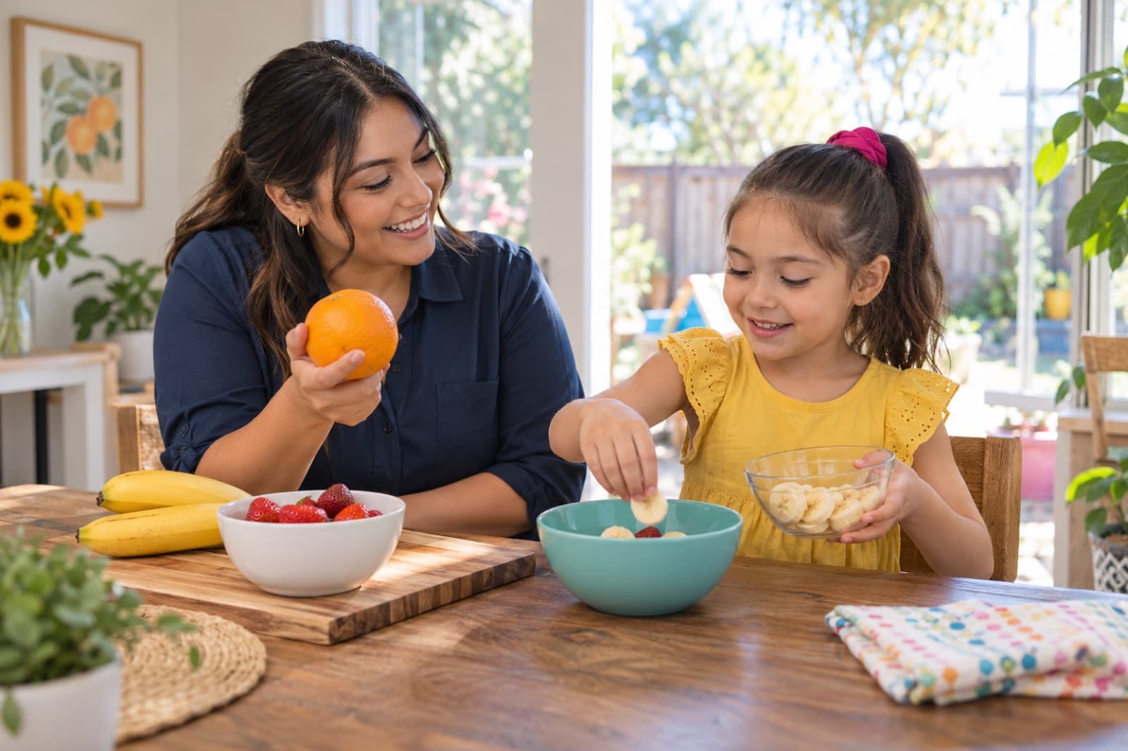A parent handing a piece of fruit to a smiling young child in a bright kitchen