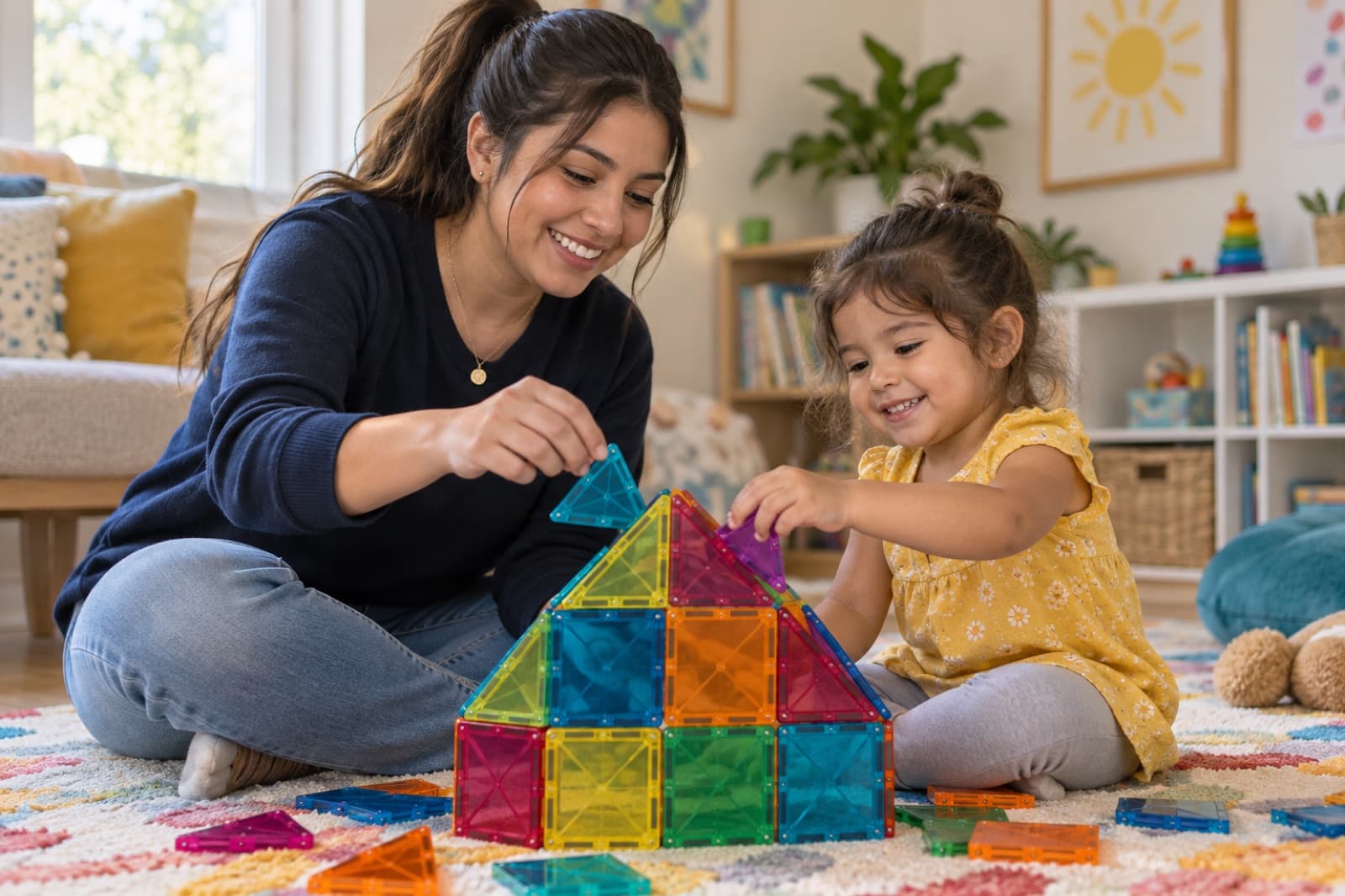A woman and a toddler girl building a house out of colorful magnetic tiles together on a living room rug
