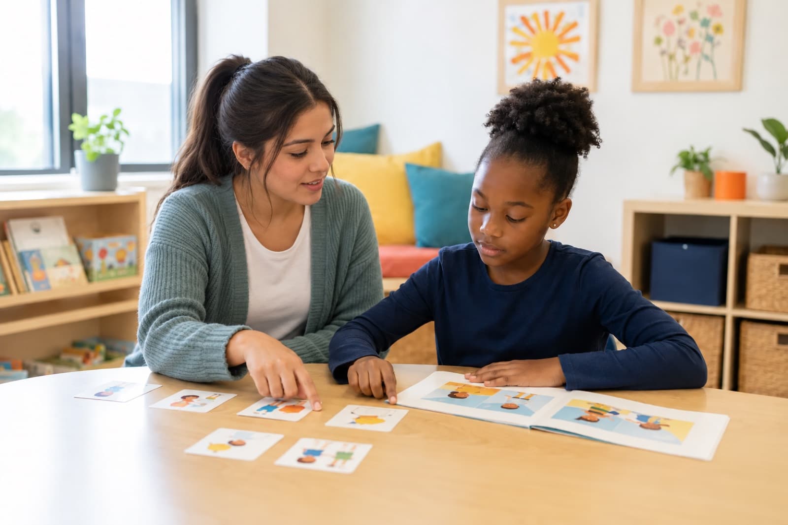 A woman showing picture cards to a young child at a classroom table